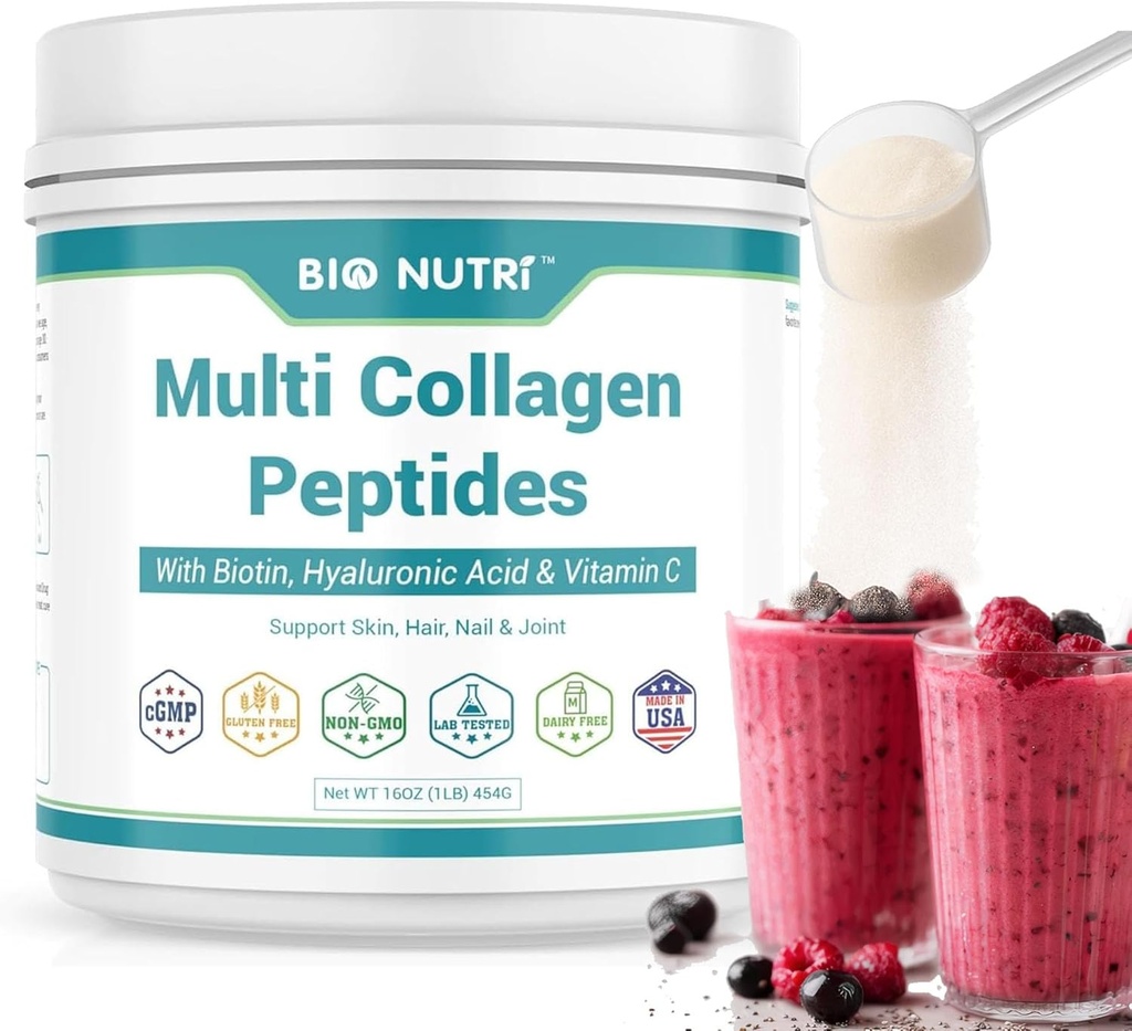 BIO NUTRI Collagen Peptides Poudre Multi-Type (I, II, III, V, X) avec Biotine et acide hyaluronique pour cheveux, peau, ongles et articulations, non aromatisé, 16oz