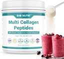BIO NUTRI Collagen Peptides Poudre Multi-Type (I, II, III, V, X) avec Biotine et acide hyaluronique pour cheveux, peau, ongles et articulations, non aromatisé, 16oz