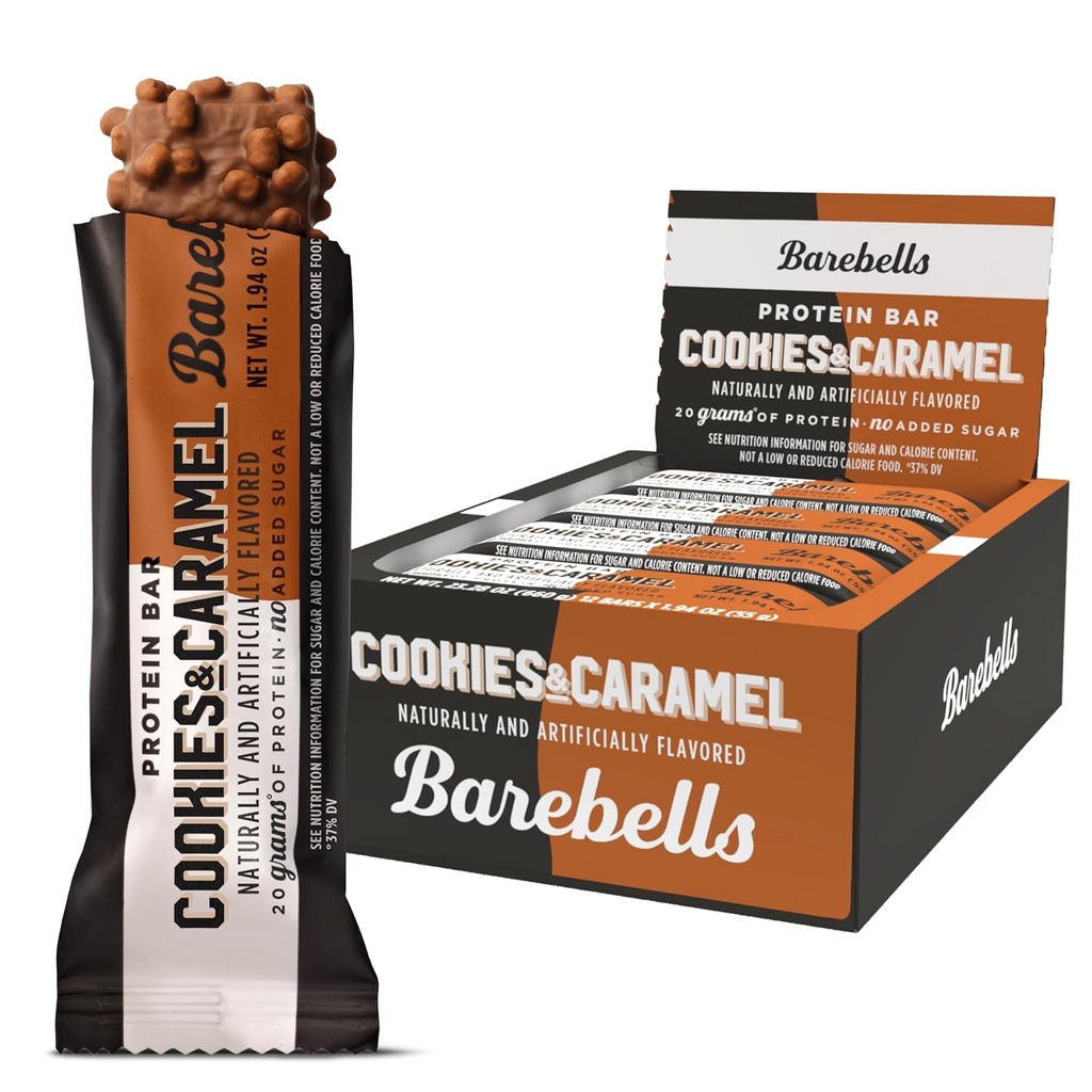 Barebells Protein Bars Cookies et Caramel - 12 comtes, 20g de haute teneur en protéines - Chocolate Nutrition Bar avec 1g de sucres totaux - Petit déjeuner sur le pouce ou Snack post-entraînement