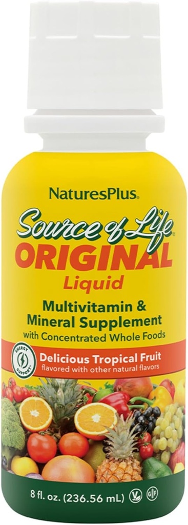 Natures Plus Source of Life Liquid, Tropical Fruit - 8 fl oz - Multivitamin & Mineral Supplement - Gluten Free, Vegetarian - 8 Servings