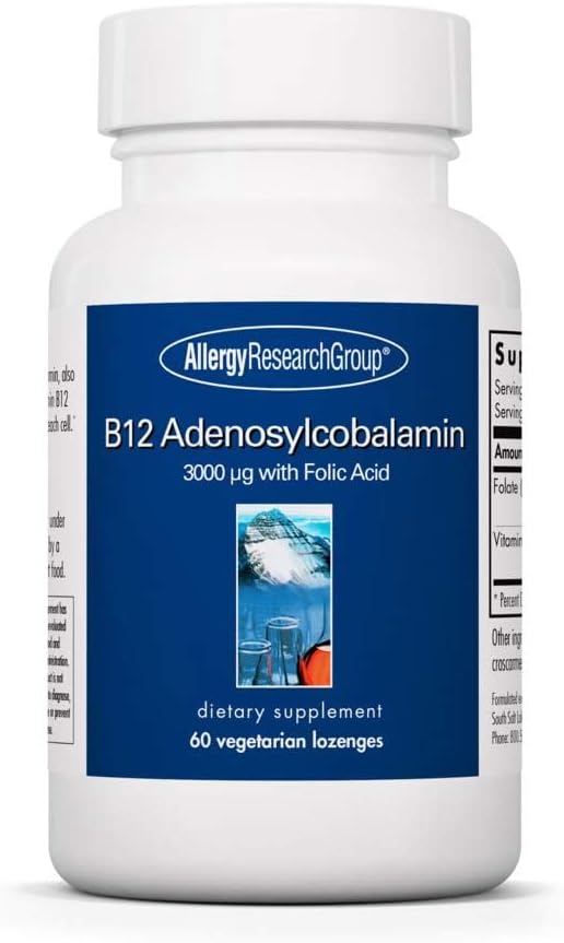 Groupe de recherche sur l'allergie B12 Supplément d'adénosylcobalamine - avec acide folique, vitamine B12 3000 mcg, folate, pur B12, lozanges végétariennes - 60 Compte
