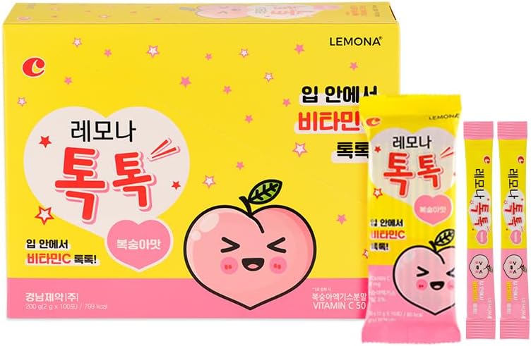 TOKTOK LEMONA, Vitamine C pour enfants 50mg, Saveur de pêche, Facile à prendre pour la santé globale et l'énergie quotidienne - 100 Stick Packs(2g)
