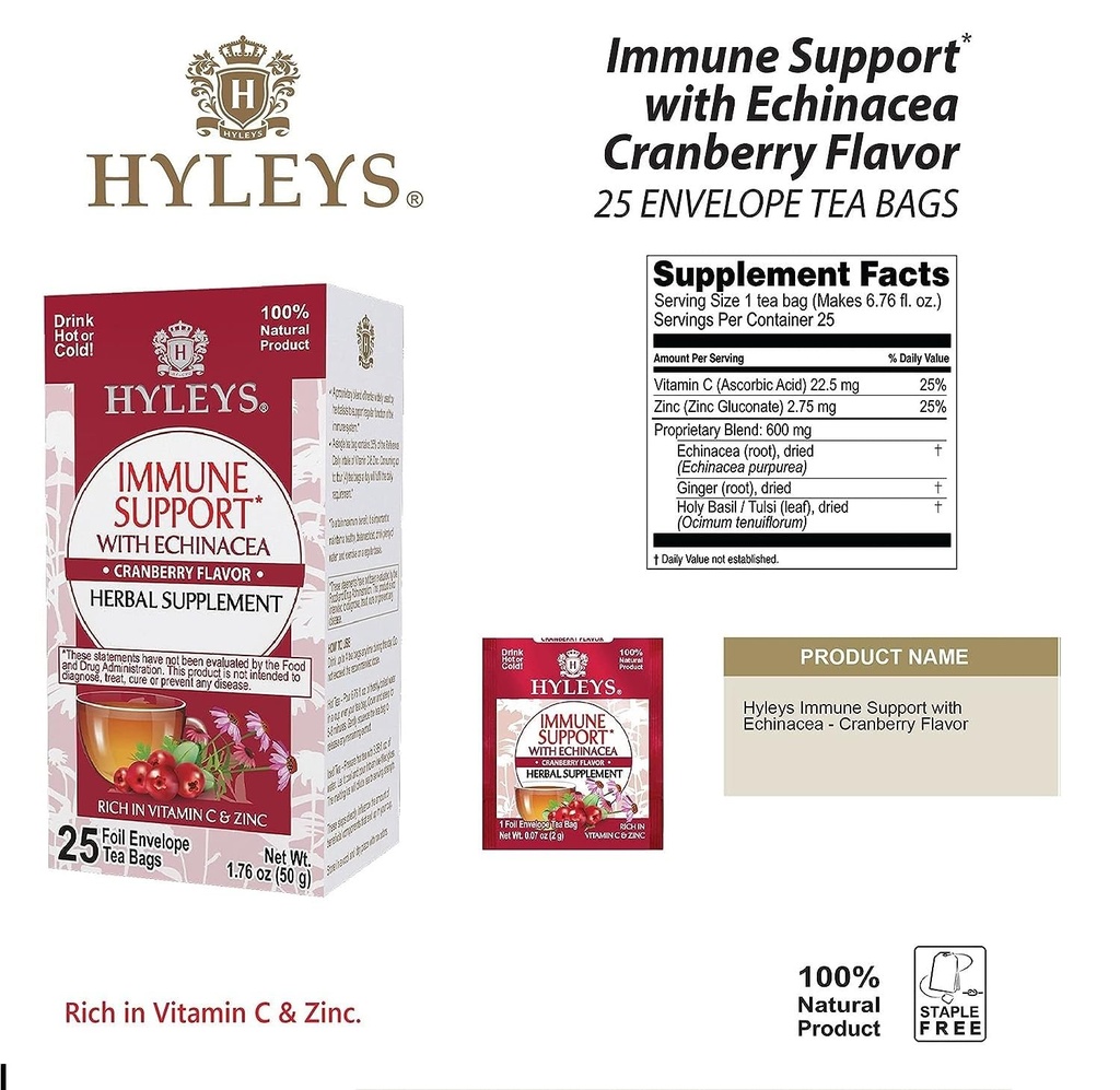 HYLEYS Immunity Tea with Echinacea Cranberry Flavor - 25 sachets de thé (1 pack) - Supporter votre système immunitaire