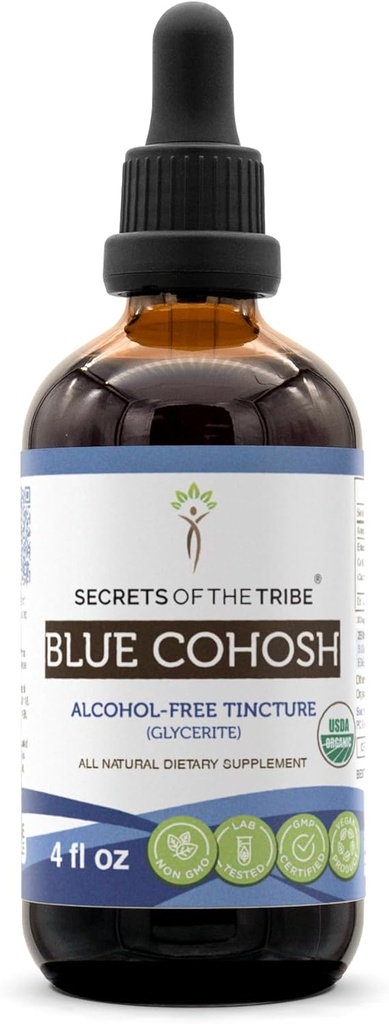 Secrets of the Tribe Blue Cohosh Alcohol-Free Teinture (Glycerite) 659 mg Approprié de façon responsable USDA Bio Blue Cohosh (Caulophyllum Thalictroides) Racine séchée (4 Fl Oz) Supplément santé pour femmes