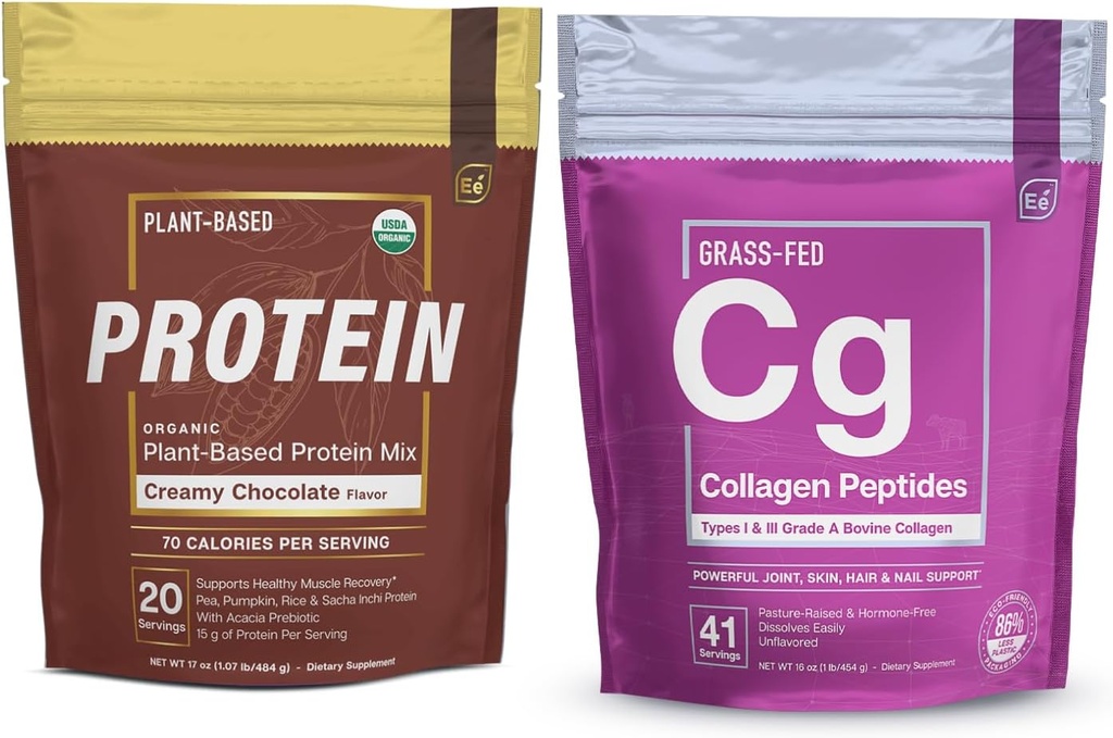 Éléments essentiels Peptides de collagène hydrolysés Poudre et poudre de protéines de pois organiques - Chocolat crémeux.