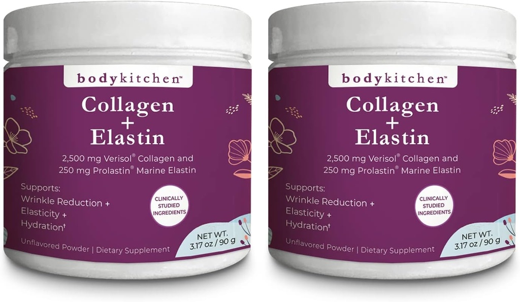 Body Kitchen Collagen and 250 mg Elastin Supplement to Aid Signs of Aging, Support Skin Health & Elasticity, Fewer Wrinkles, Unflavored Powder, Tasteless, Odorless, Colorless, 30 Servings (2 Pack)