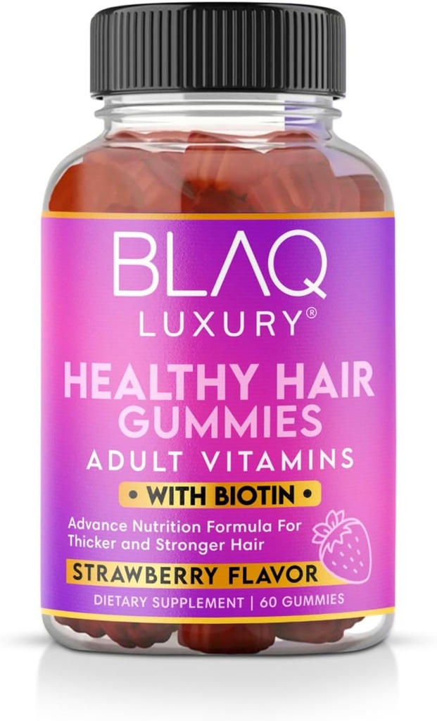 Blaq Gommies de biotine de luxe - Vitamines de croissance des cheveux avec 5000mcg de biotine par portion de Vitamines B12, B6, acide folique, iode, zinc