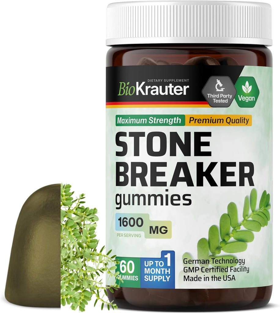 BIO KRAUTER Chanca Piedra Stone Breaker Gummies - 1600 mg Résistance - 60 Végétaux Chews - Supplément naturel de nettoyage du rein et de la vésicule