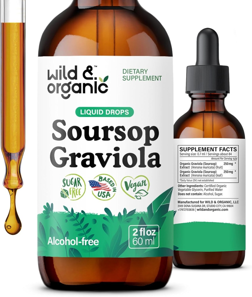 Bouchées liquides de sourcils sauvages et biologiques Graviola - Feuilles de guanabana et teinture de fruits de sourcils pour le soutien antioxydant - Supplément d'extrait de feuille de graviola - végétalien, sans sucre et sans alcool - 2 fl oz