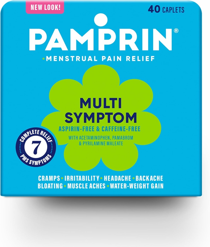 Formule multisymptômes de la pamprine, avec acétaminophène, soulagement des symptômes de la période menstruelle incluant crampes, douleur, ballonnement et irritabilité 40 Caplets