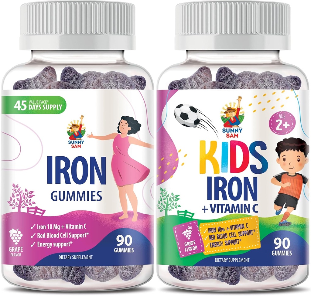 SUNNY SAM Gommy de fer pour les enfants et les adultes - Vitamines de fer avec vitamine C, 10mg par portion - Gommy de fruits à mâcher de fer pour les immunones