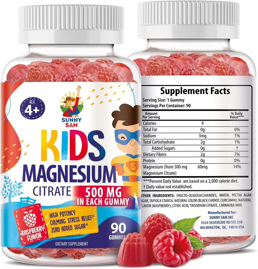 Gommies de magnésium sans sucre pour les enfants et les adolescents - 500mg Citrate de magnésium calme - Supplément de gommy de magnésium à croquer pour le sommeil, l'humeur et le soutien musculaire - 90 Gommies