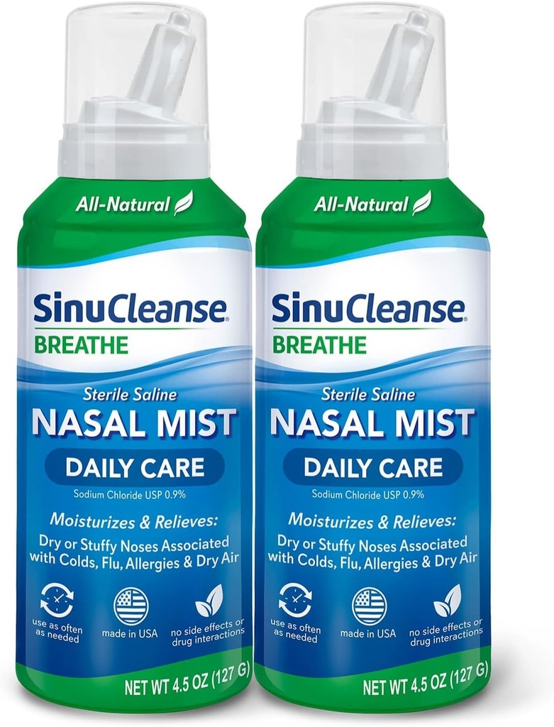 SinuCleanse Daily Care Stérile Saline Nasal Spray, Ultra Fine Mist, Hydratant instantanément et Soulage la congestion nasale quotidienne due au froid et à l'air sec, 4.5 Oz (2 Pack), Fabriqué aux États-Unis