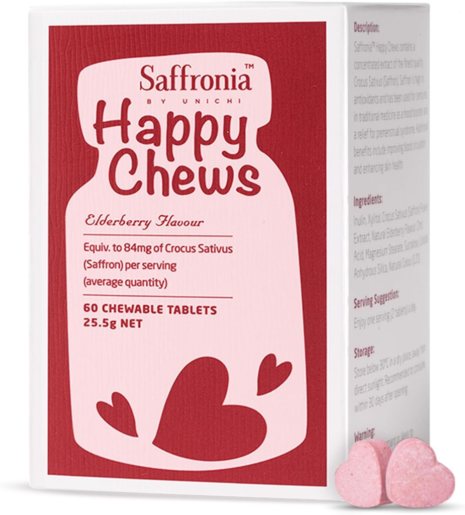 Unichi Saffronia Happy Chews, Supplément Safron pour le soutien de l'équilibre d'humeur et la réduction du stress, Saveur de mûrier, 60 comprimés