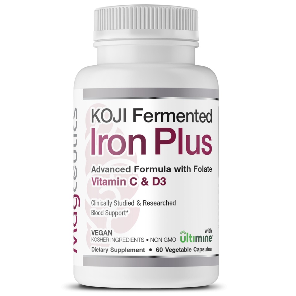 Koji Fermented Iron Plus - Supplément en fer avec vitamine C, vitamine D3 et folate pour le soutien du sang, facilement absorbé et biodisponible, estomac amical, végétalien, non-OGM - 60 capsules