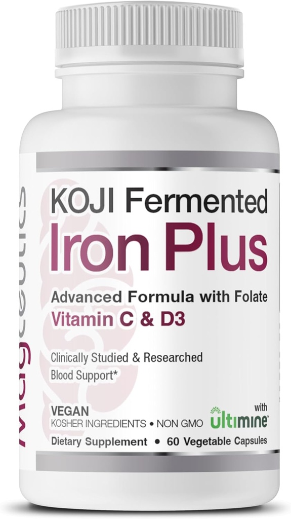 Koji Fermented Iron Plus - Supplément en fer avec vitamine C, vitamine D3 et folate pour le soutien du sang, facilement absorbé et biodisponible, estomac amical, végétalien, non-OGM - 60 capsules