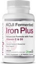 Koji Fermented Iron Plus - Supplément en fer avec vitamine C, vitamine D3 et folate pour le soutien du sang, facilement absorbé et biodisponible, estomac amical, végétalien, non-OGM - 60 capsules