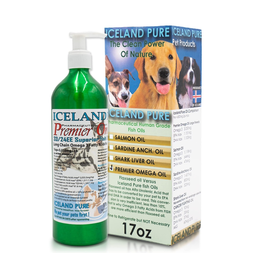 Premier supplément à l'huile de poisson Omega par l'Islande Pure de 3053mg d'Omega-3 par cuillère à café de l'Islande Pour les grandes races de chiens Ethyl Ester Distillation de la pompe BPA sans brossé aluminium 17Oz