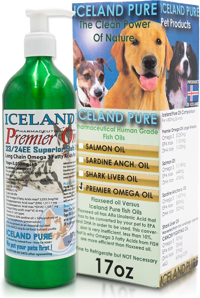 Premier supplément à l'huile de poisson Omega par l'Islande Pure de 3053mg d'Omega-3 par cuillère à café de l'Islande Pour les grandes races de chiens Ethyl Ester Distillation de la pompe BPA sans brossé aluminium 17Oz