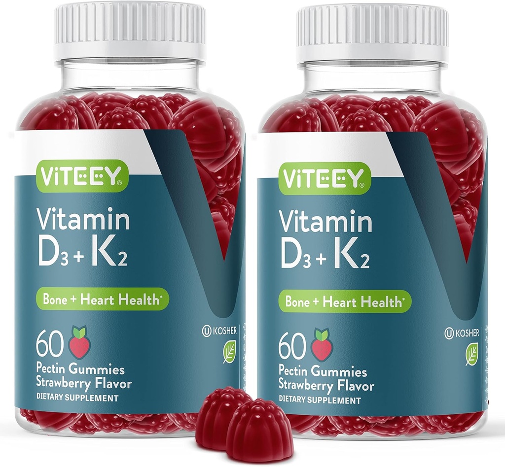 VITEEY Vitamine D3 K2 Gummies - 1000 UI Vitamine D3 et K2 100mcg - Bone et santé cardiaque pour les adultes et les adolescents - Végétarien, sans gélatine, sans OGM - Dégustation de vitamines à croquer D3K2