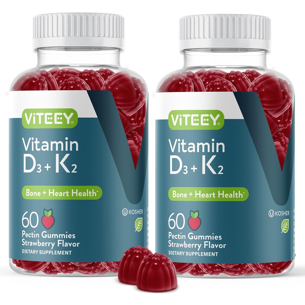 VITEEY Vitamine D3 K2 Gummies - 1000 UI Vitamine D3 et K2 100mcg - Bone et santé cardiaque pour les adultes et les adolescents - Végétarien, sans gélatine, sans OGM - Dégustation de vitamines à croquer D3K2