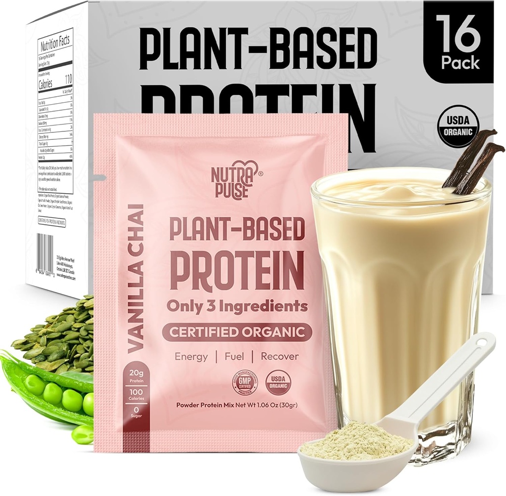 Vanilla Chai Vegan Protein Powder Sample Pack – 20g Protéine végétale organique – NutraPulse – Sans gluten, sans soja, sans OGM – Propre et facile à digérer – Smoothie Friendly – 16 portions simples