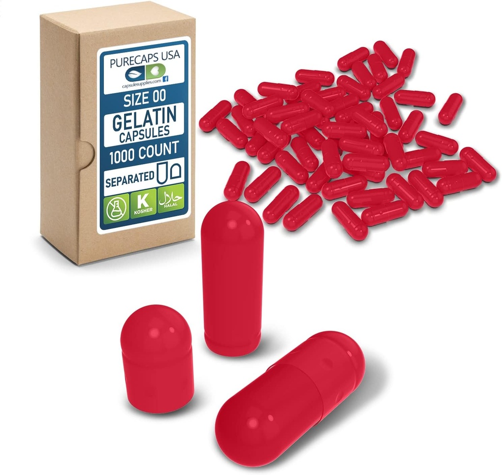 PureCaps États-Unis - Capsules de gélatine vides Taille 00.000 Pilules séparées , rouge , non certifiées OGM SLS, gluten, sans conservateur