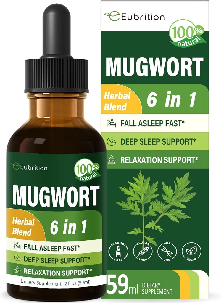 Mugwort gouttes liquides pour le sommeil, Mugwort Leaves(Artemisia vulgaris) Tout en 1 formule pour le soutien de la relaxation, supplément à base de plantes avec la camomille valériane Tulsi Lavender Extract.2oz