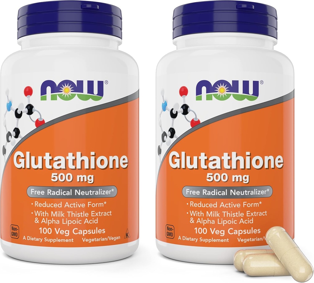 Maintenant Glutathion 500 mg, 100 capsules végétaliennes (paquet de 2) - Supplément de forme réduite GSH - amélioré avec extrait de chardon de lait et acide alpha lipoïque