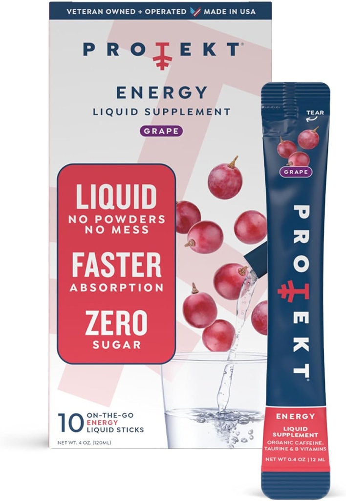 Protekt Zero Sugar Energy Boissons - Keto Natural Mix, boisson de vitamine B liquide, mélange de caféine biologique, pack liquide sur le pouce, Zero Sugar Grape Energy Packets par Mark Healey, pack de 10