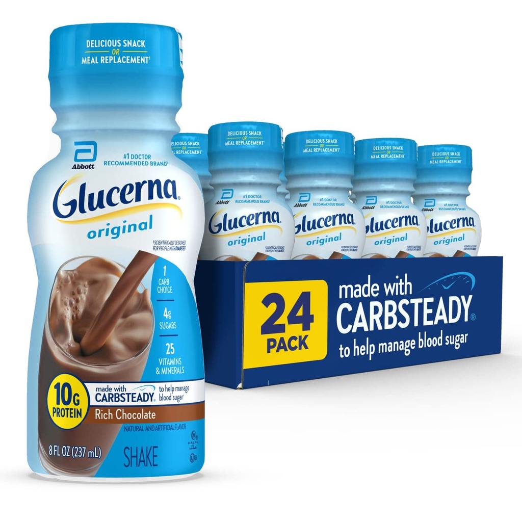 Glucerna soin de diabète original Shake, chocolat riche, repas diabétiques de remplacement pour soutenir la gestion du sucre dans le sang, 10g de protéines, 180 calories, prêt à boire, bouteille 8-fl-oz, 24 Pack