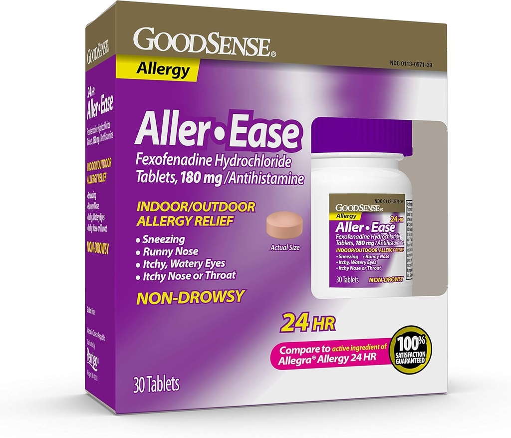 BonSense Aller-Ease - Fexofenadine chlorhydrate 180 mg comprimés - 24 heures contre l'allergie pour le soulagement intérieur et extérieur, 30 comtes