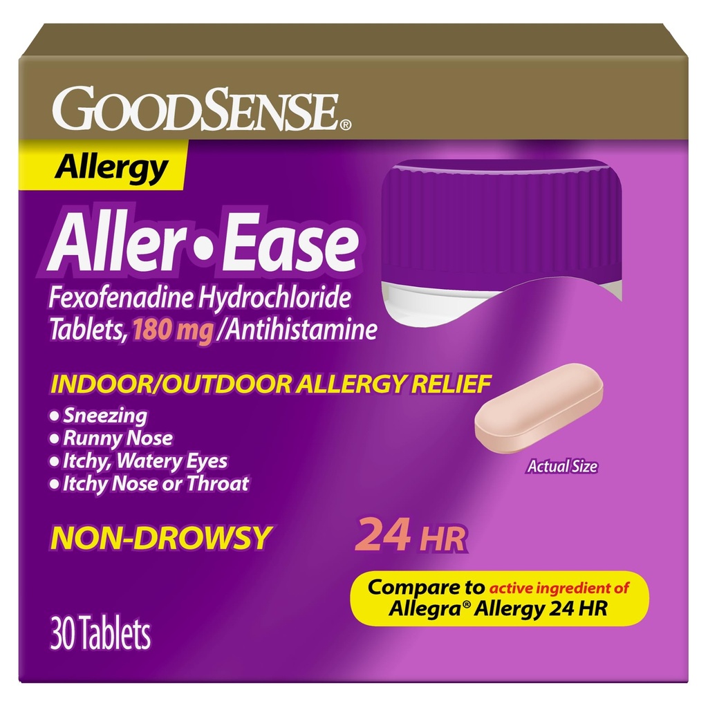 BonSense Aller-Ease - Fexofenadine chlorhydrate 180 mg comprimés - 24 heures contre l'allergie pour le soulagement intérieur et extérieur, 30 comtes