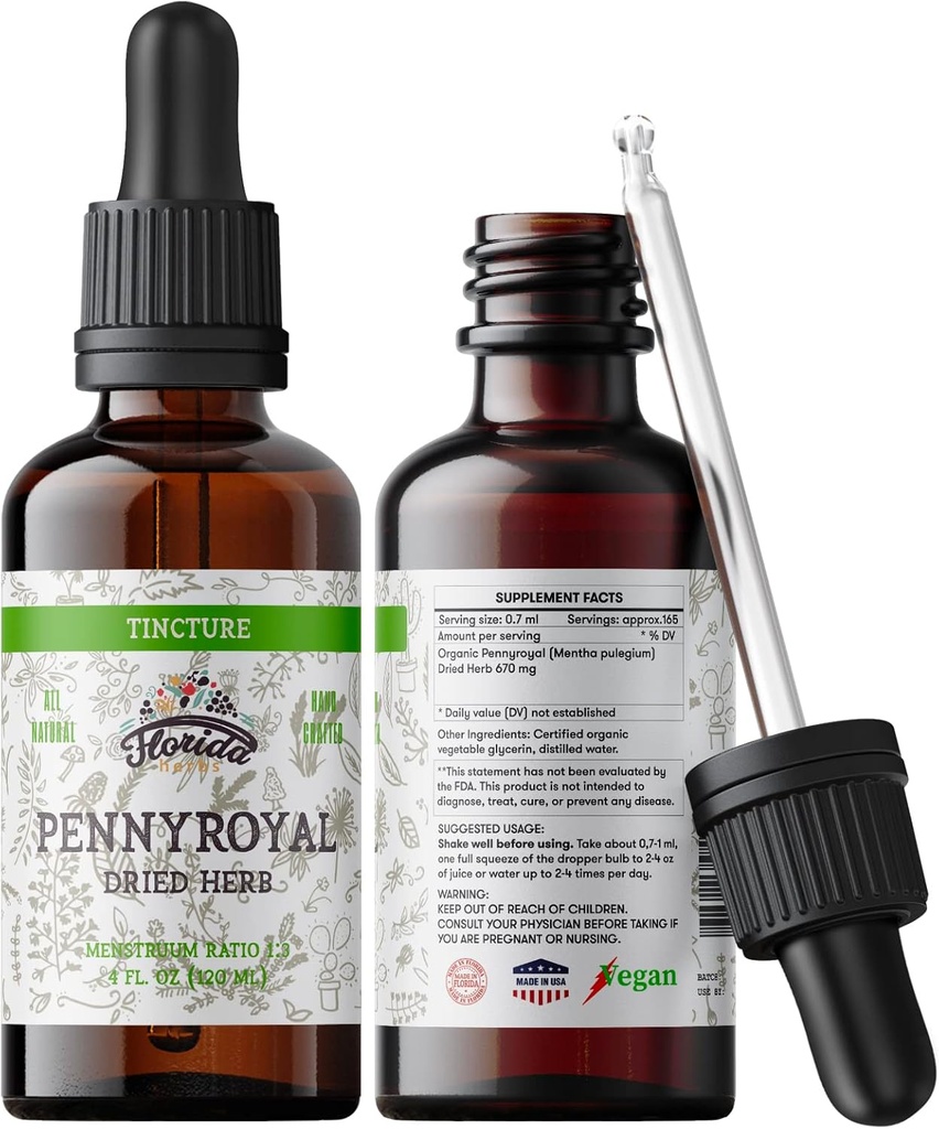 Teinture de pennyroyal, Extrait de pennyroyal biologique (Mentha pulegium) Herbe séchée, non-OGM dans Glycérine végétale biologique pressée à froid 2 oz, 670 mg