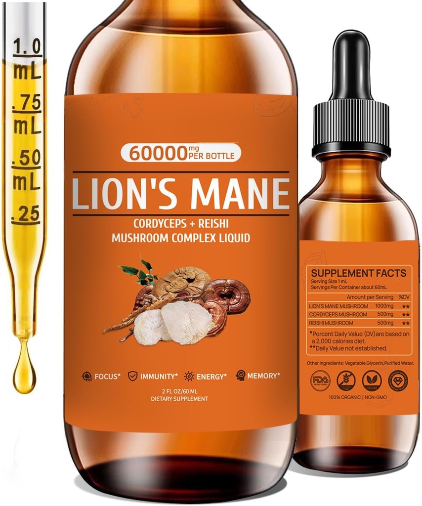 Lions Mane Mushroom Supplément pour mémoire, focus et clarté, supplément de champignons avec la Mane de Lion, Cordyceps, Reishi pour le soutien naturel immunitaire, non-OGM, végétalien, jusqu'à 2 mois d'approvisionnement