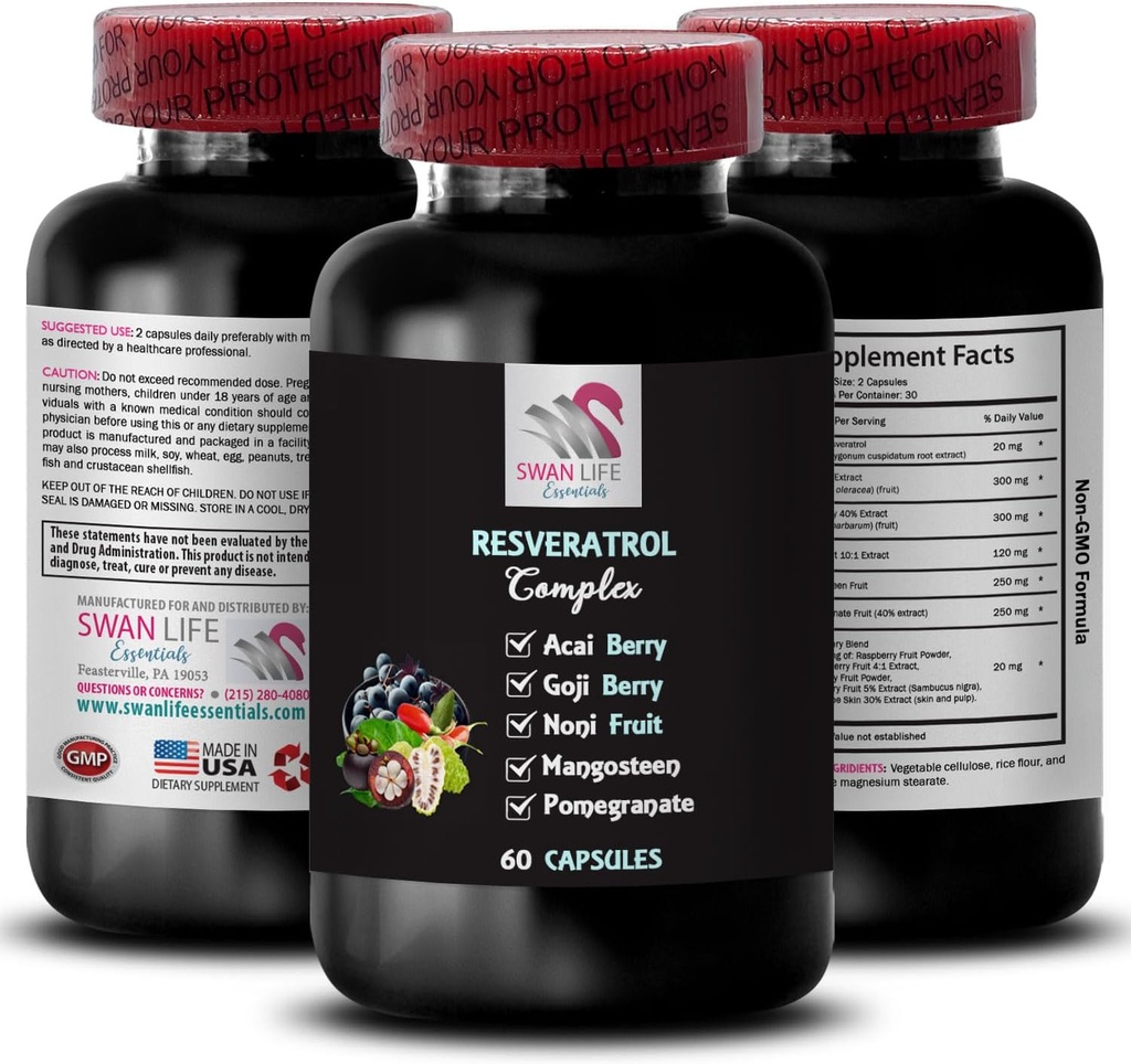 Boost des nutriments - RESVERATROL COMLEX - Avantages de baies, puissants antioxydants, Goji Berry Support, Elderberry Strength, Daily Support, Pomégranate Energy, aliments entiers, Énergie parfumée 1 bouteille 60 capsules