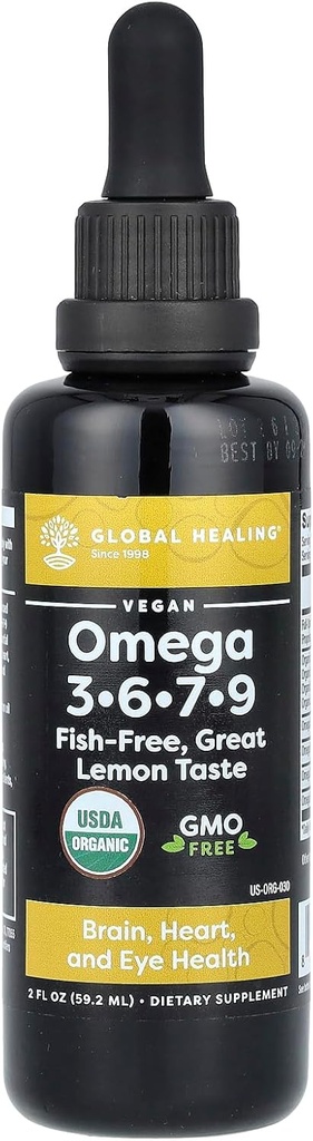 Global Healing Organic Omega 3 6 9 et 7 (extrait de CO2 de baies de mer) - Supplément Omega 3 sans poisson et sans OGM pour les femmes et les hommes, contient de l'huile de graines de perilla et de lin - huile de poisson Alternative - 2 Fl Oz