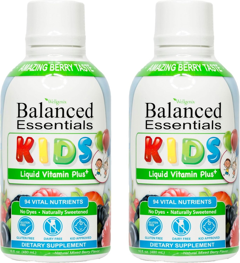 Wellgenix Balanced Essentials Kids Liquid Vitamine - Multivitamine nutritionnelle pour les mangeurs piquants - Intensification immunitaire des enfants et santé globale -16oz (paquet de 2)