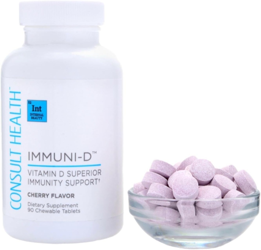 Consulter Santé IMMUNI-D Vitamine D Soutien immunitaire supérieur Comprimés à croquer Saveur de cerise – Zinc – Fruits d'épices - Soutien alimentaire - 90 Compte (1 paquet)
