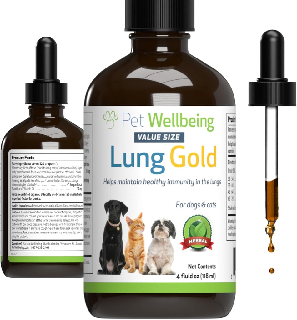 Bien-être animal Lung Gold pour chiens et chats - Formulé en vétustes - Support immunitaire pulmonaire et respiratoire, Open Airways, Respiration facile - Supplément à base de plantes naturelles 4 oz (18 ml)