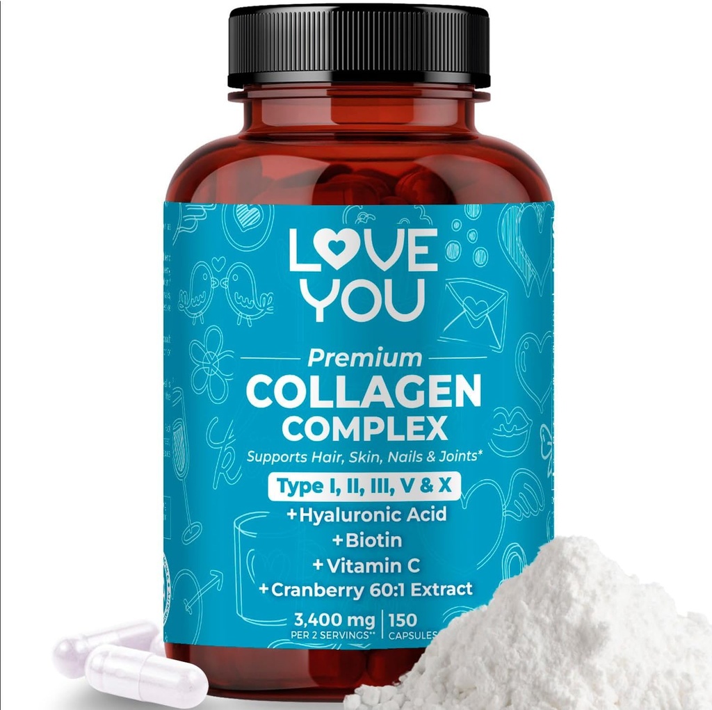 Love You Premium Collagen Complex – Types I, II, III, V & X – Hair, Skin, Nails, Joints & Gut Support – Hydrolyzed Bovine Collagen Peptides – Grass-Fed, Non-GMO, 120 Capsules, USA Made