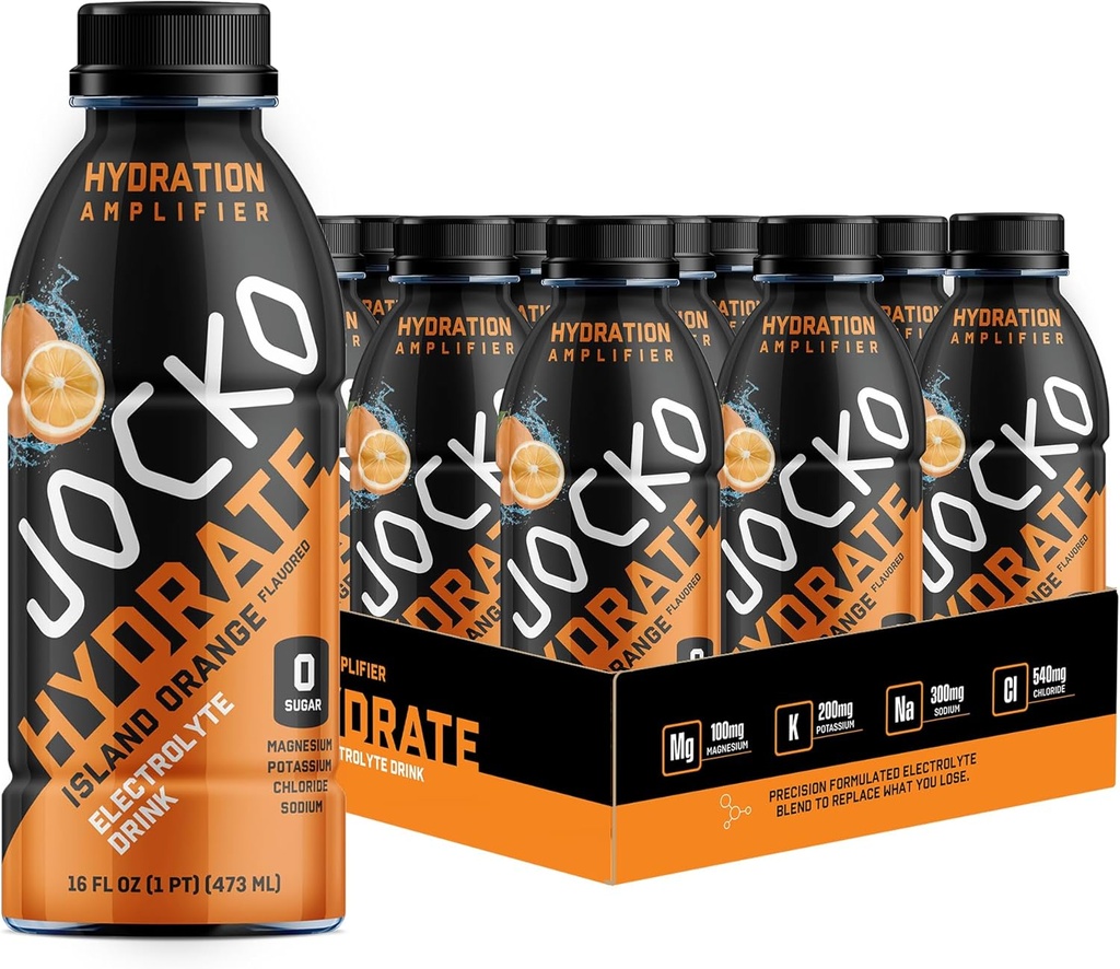 Jocko Carburant Hydrate Electrolyte Boissons - Sports Boissons Amplificateur d'hydratation, Étancheur Thirst - Électrolyte Blend Island Formulé scientifiquement Orange Flavor 16 Oz (12 Pack)