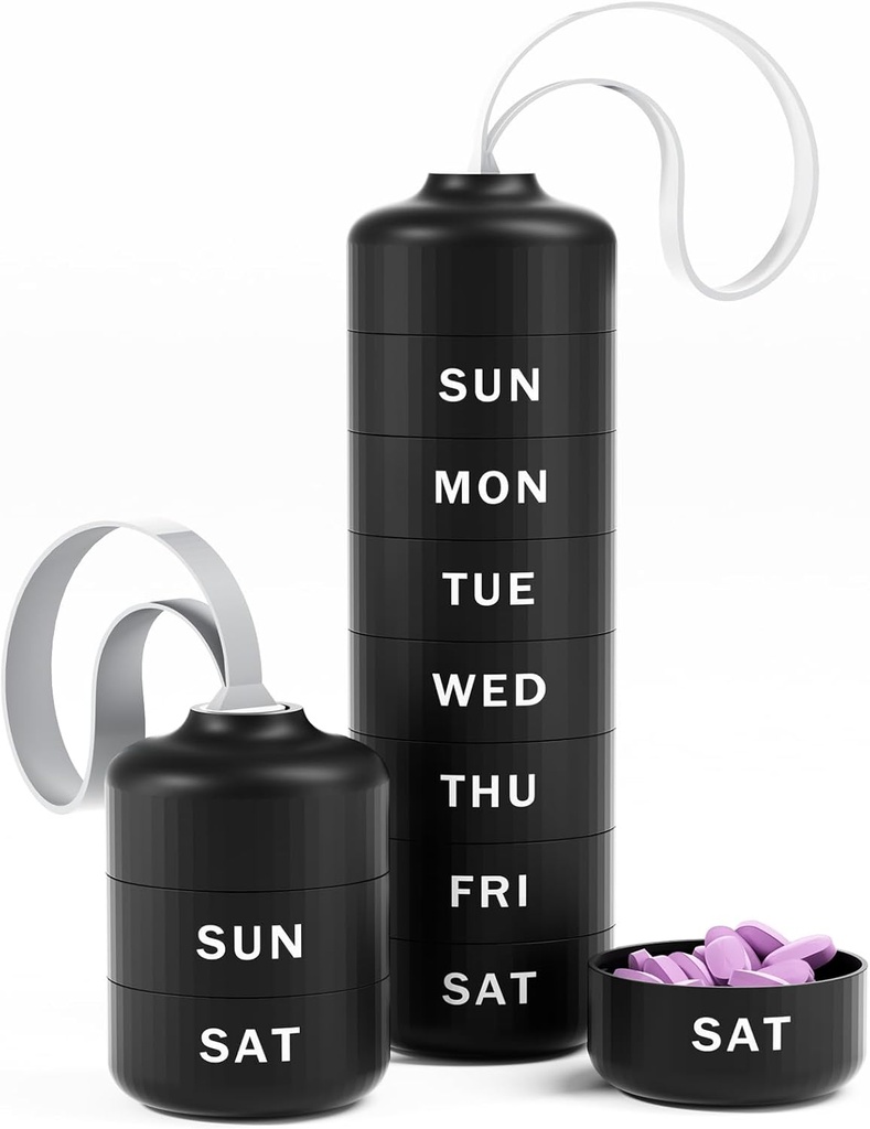 Betife Cute Pill Organizer, Cute Weekly Pill Box for Travel, Cute Daily Pill Case 7 Day, avec 7 grands compartiments empilables, Sturdy ABS Pill Holder pour supplément vitamine médecine (noir)