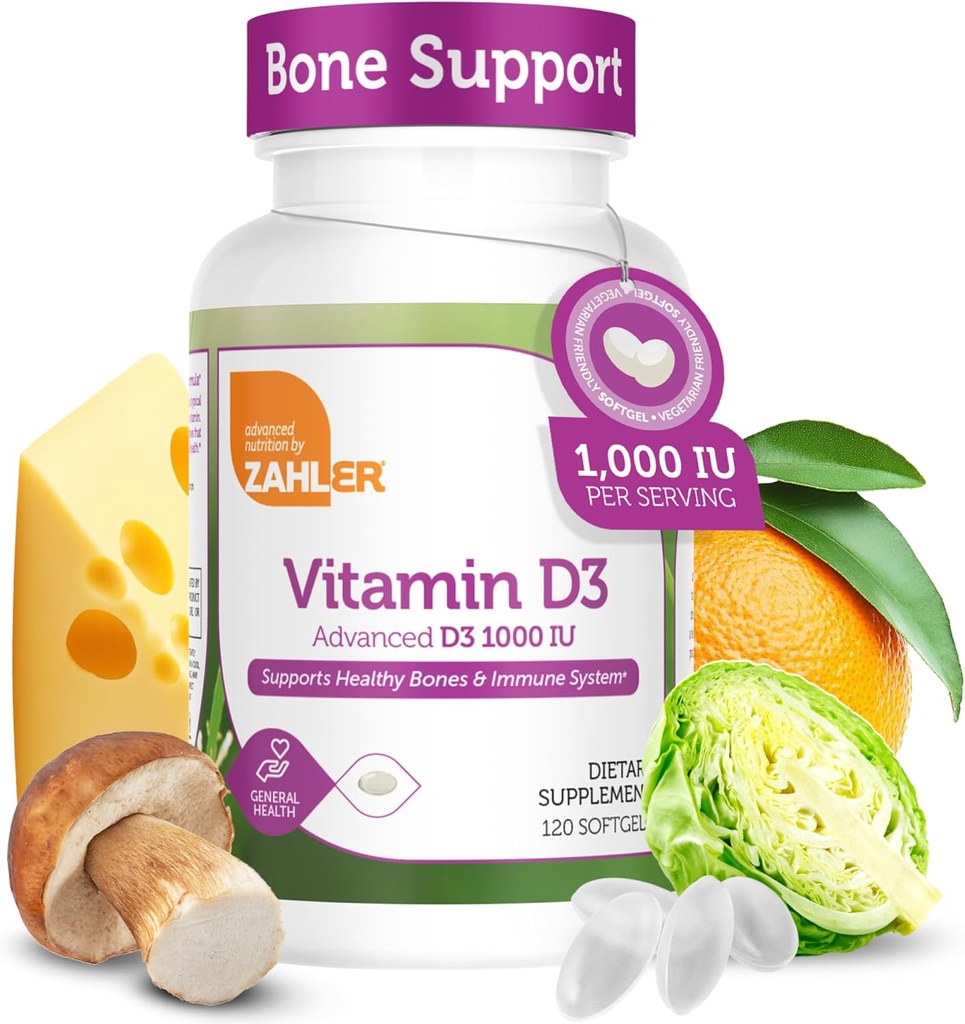 Zahler - Vitamine avancée D3 1000 UI Softgels (120 comte) Kosher Végétarien Végétarien Vitamine D pour le soutien immunitaire, les os, les dents et la santé musculaire - Easy Swallow VIT D 3