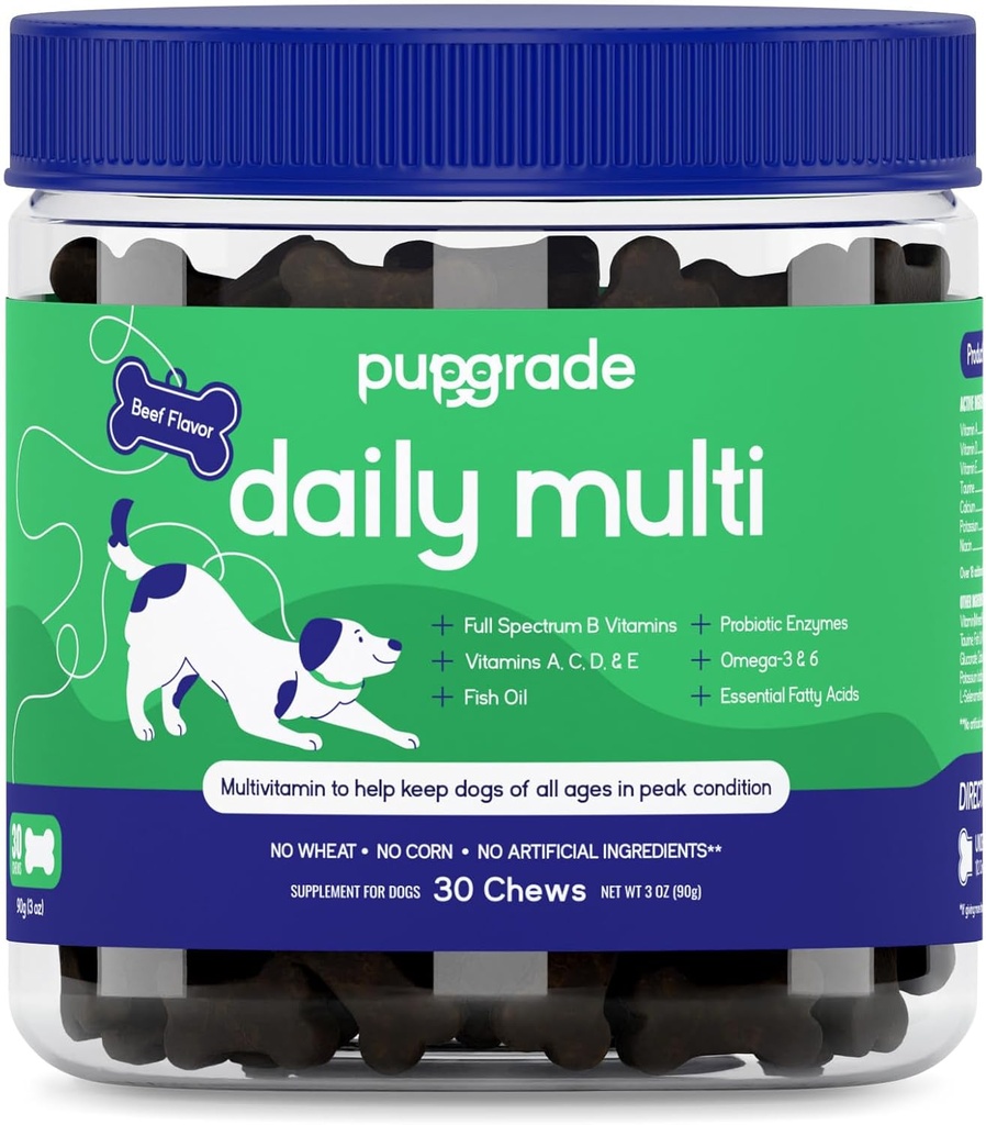 Multivitamine quotidienne PupGrade pour chiens - Supplément tout-en-un pour la santé digestive, immunitaire, de la peau et du manteau - 32 nutriments sains, enzymes probiotiques, huile de poisson oméga, vitamines A, C, D & E - 30 chews doux