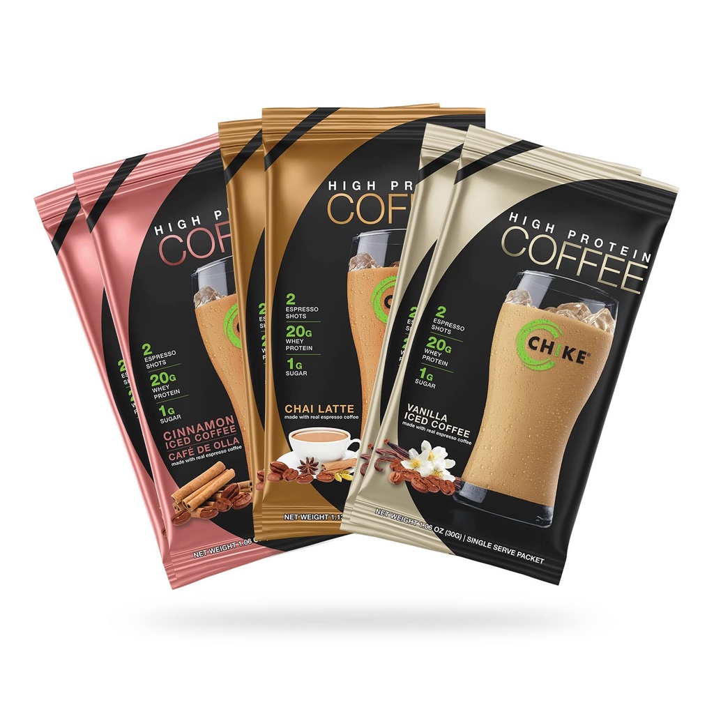 Chike Latte Love High Protein Iced Coffee Sampler Pack, 20 G Protéines, 2 Shots Espresso, 1 G Sucre, Keto Friendly et sans gluten, 6 Packets à usage unique
