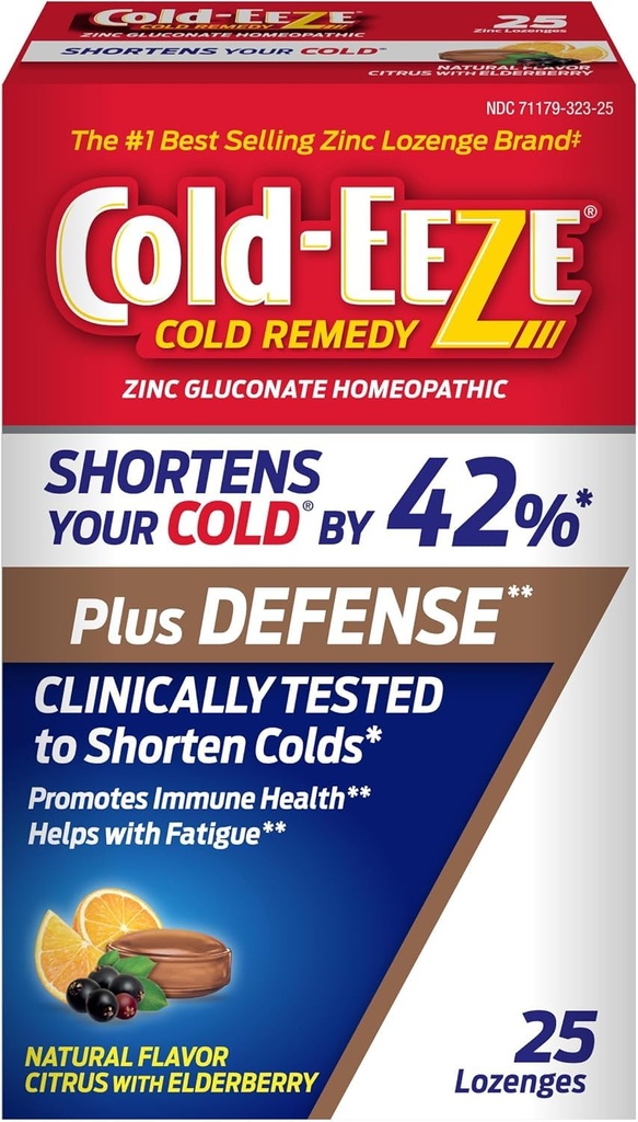 Cold-Eeze Plus Defense Citrus naturel avec losanges de zinc de la mûre aînée, remède homéopathique contre le rhume, raccourcit les symptômes fréquents du rhume, favorise la santé immunitaire avec Sambucus Nigra, Echinacea et Rose HIPS, 25 Ct