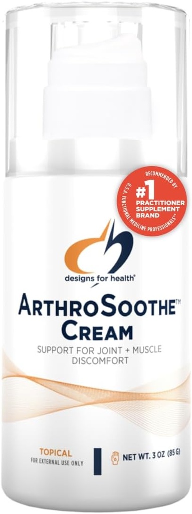 Designs for Health ArthroSoothe Cream - Soutien musculaire et articulaire Lotion thématique - Caractéristiques Acide hyaluronique et glucosamine - Fabriqué avec de la menthe poivrée, de l'eucalyptus et de l'arbre à thé Huiles essentielles - Non-OGM - 3 oz
