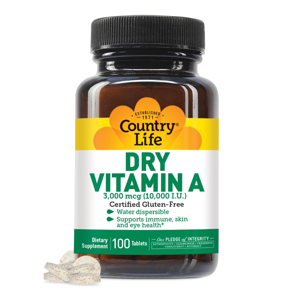 Country Life Vitamine A 10 000 UI - Soutien immunitaire, supplément santé de la peau et des yeux, certifié sans gluten, végétalien, halal, casher, 50% bêta-carotène et 50% palmitate de rétinyl, absorption facile - 100 comprimés