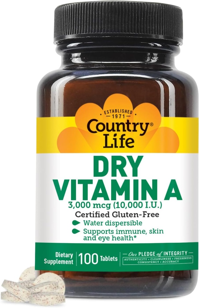 Country Life Vitamine A 10 000 UI - Soutien immunitaire, supplément santé de la peau et des yeux, certifié sans gluten, végétalien, halal, casher, 50% bêta-carotène et 50% palmitate de rétinyl, absorption facile - 100 comprimés